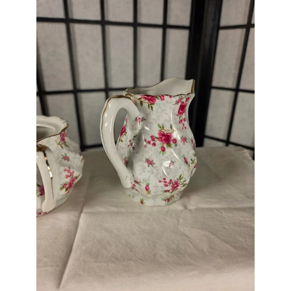 Vintage Porcelain Pink Rosebud Creamer and Lidded Sugar Bowl Set Gold Trim